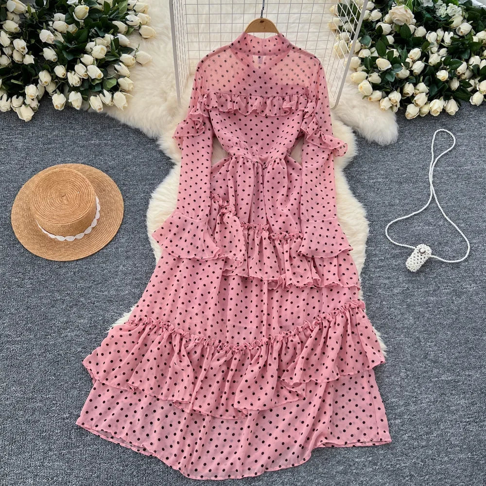 Dot Dress Women Long Dresses Print Chiffon Lace Up Flare Sleeve A Line Vestidos Streetwear Elegant Splice Y2k High Waist Party