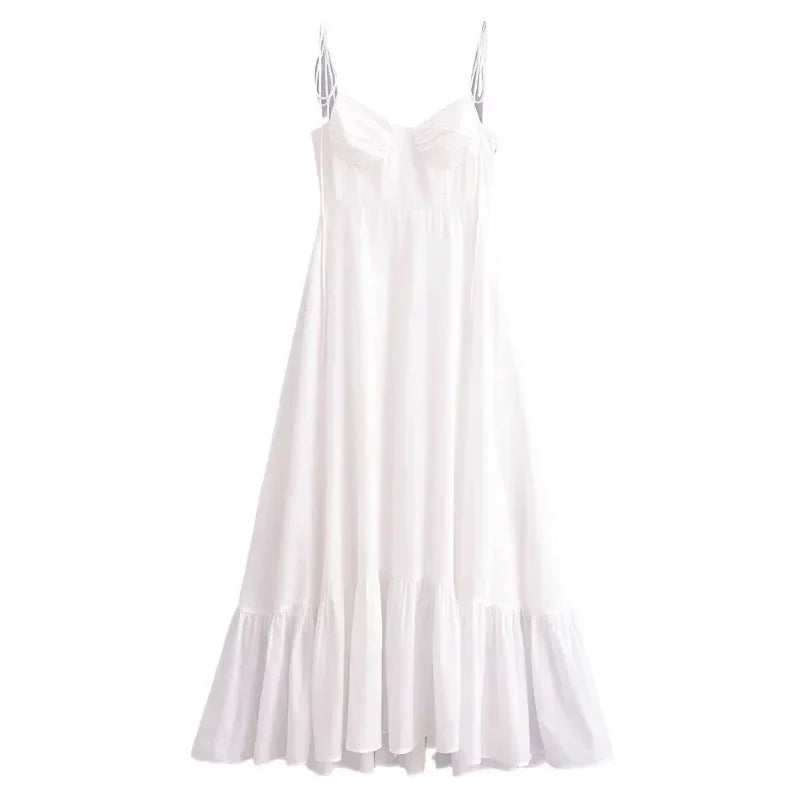 ZBZA Women's Tiered Poplin Dress Sweetheart Neckline Adjustable Bow Straps Sleeveless Camisole Midi Dress New Female Chic Dress