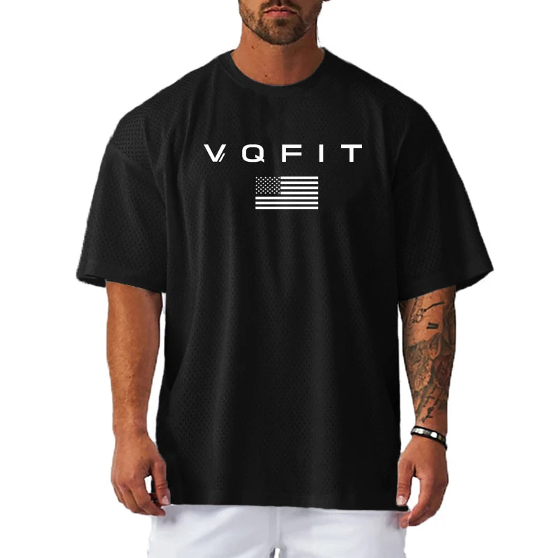 Oversized Gym Bodybuilding Muscle Tops Loose Mesh Quick Dry Shirt Fitness Men's T-Shirt Sports Running Short Sleeve