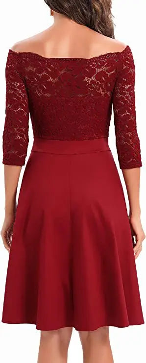 Women Elegant Wedding Bridesmaid Dinner Dress Sexy Lace Off Shoulder Party Dresses Solid Color Half Sleeve Evening Gown Vestido
