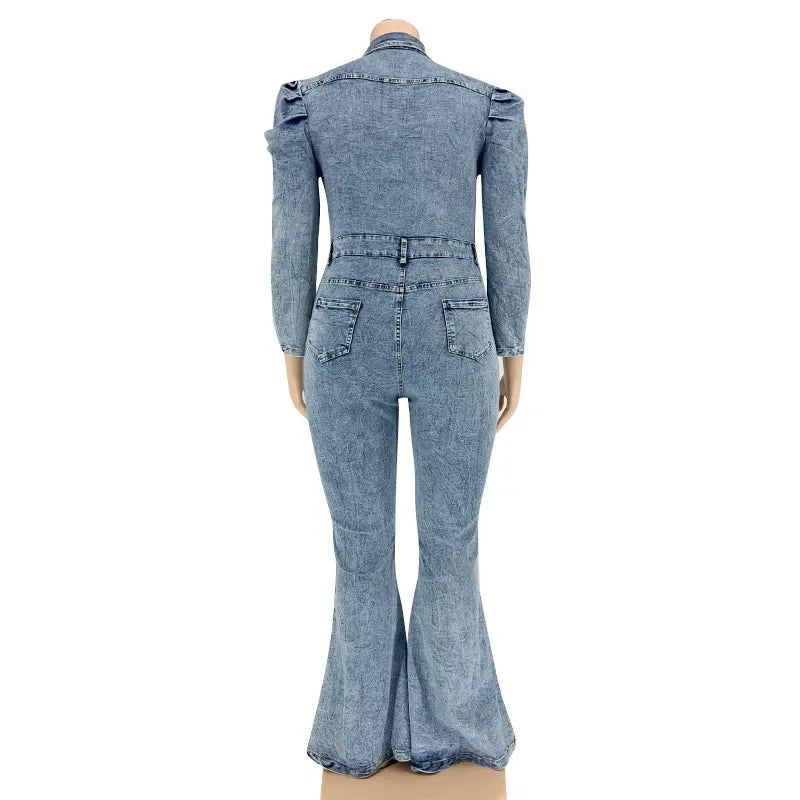 Full Length Overalls Women Jeans Bleached Washed Denim Mid Waist Jumpsuits Single Breasted Sashes Spliced Vintage Casual