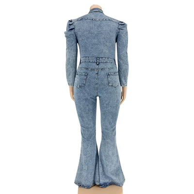 Full Length Overalls Women Jeans Bleached Washed Denim Mid Waist Jumpsuits Single Breasted Sashes Spliced Vintage Casual