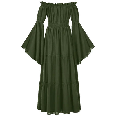 Women Renaissance Irish Dress Off Shoulder Medieval Peasant Dress Pirate Costume Wench Retro Gown Smocked Waist Maxi Long Dress