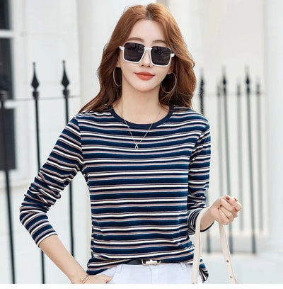 2024 New Women Clothing Crew Neck Striped Bottom Shirt Spring and Autumn Long Sleeve Tops T-Shirt Loose Interior Casual Top