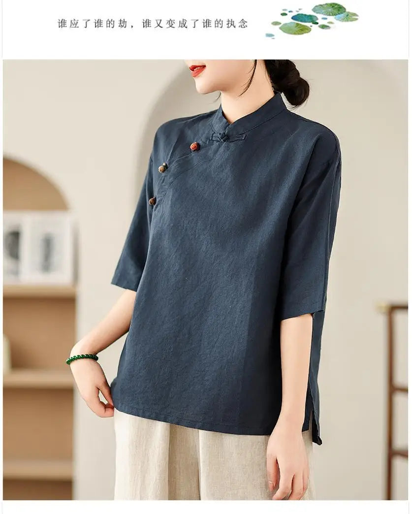 New Women's Retro Cotton Linen Short-sleeved Shirt with Diagonal Placket and Stand-up Collar Tea Top