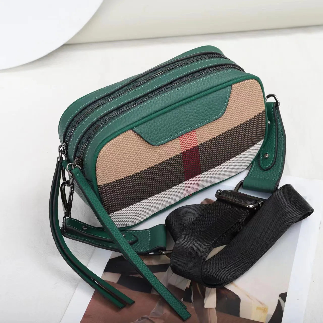 Genuine Leather Fashion Camera Bag Women Luxury Crossbody Shoulder Bags Messebger Canvas Brand Designer Handbags Square Black