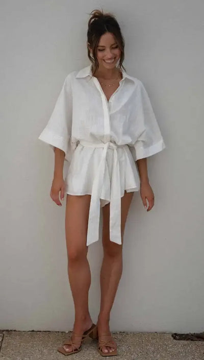 Women's Jumpsuit Spring/summer New Style With Collar Mid Sleeves Waist Strap Fashionable Loose Short Style Solid Color Jumpsuit
