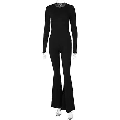 Women Jumpsuits New Autumn Sexy Black Backless Long Sleeve Bodycon Rompers Fashion Streetwear Flare Pants Casual Slim Jumpsuits