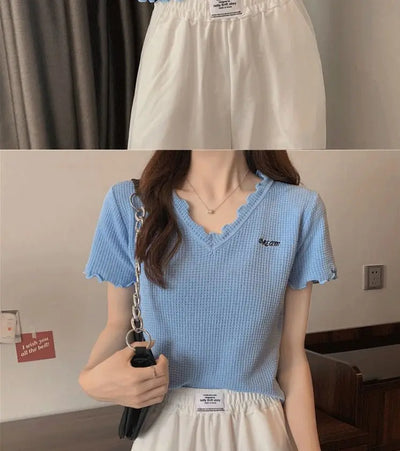 Oversized Summer Short Sleeve T-shirt Women's Foreign Style Versatile Slim Knitted Top Underlay