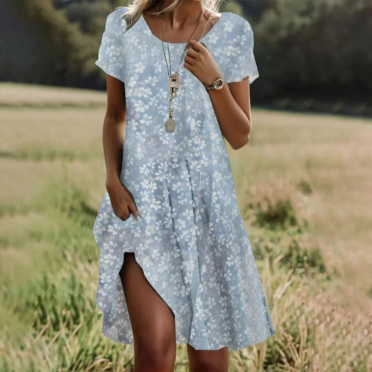 Bohemian Dresses For Women New V Neck Short Sleeve Flower Printed Beach Holiday Dress Women Midi Dresses Swing Sundress