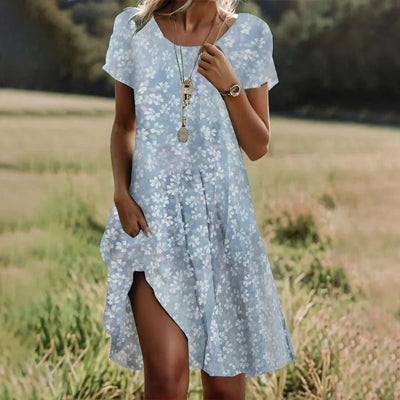 Bohemian Dresses For Women New V Neck Short Sleeve Flower Printed Beach Holiday Dress Women Midi Dresses Swing Sundress