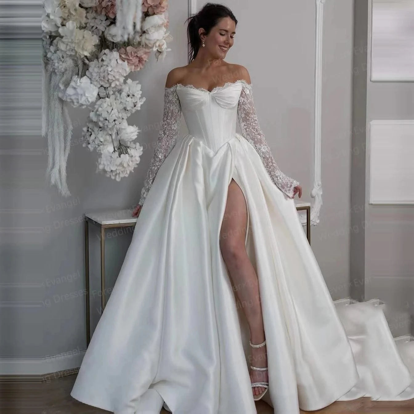 Glitter Wedding Dresses A Line Woman's Sequinned Off Shoulder Bride Gown