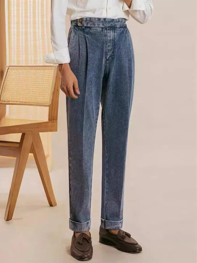 Naples Jean Trousers For Men 2024 Fall Trendy Solid Color Washed Denim Pants Mens Stylish Slim Fit Draped Design Straight Jeans