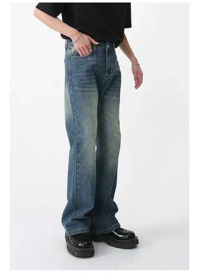Jeans Denim Pants Men Long Flare Pant Straight Trousers High Waist Casual Regular Pockets Slim Fit Splice Simple Autumn 2024