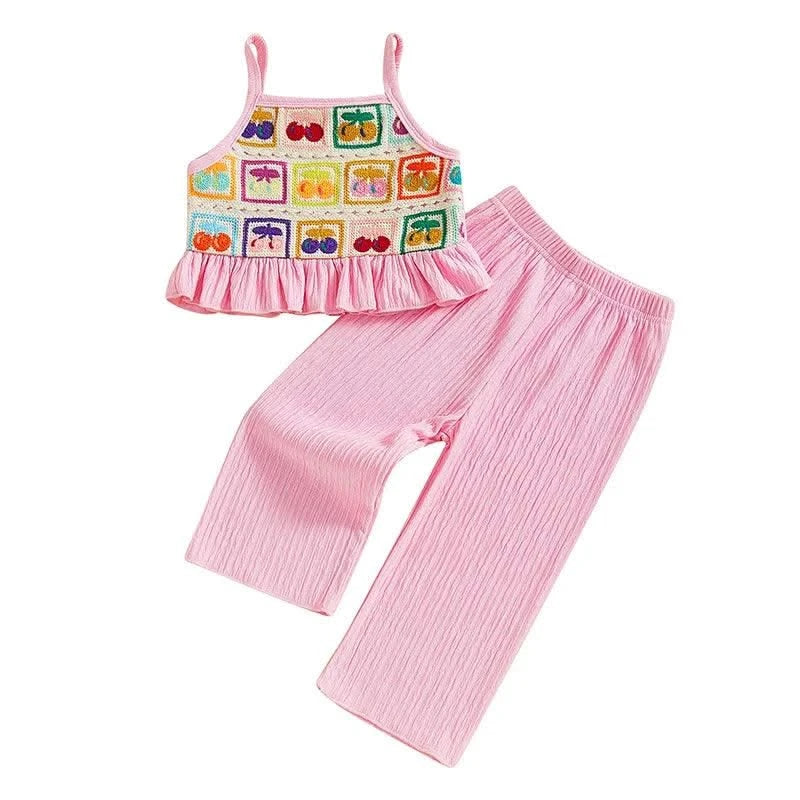 Toddler Girls 2 Piece Outfits Crocheted Flowers Fruit Ruffled Camisole and Elastic Pants Set Baby Children Summer Clothes