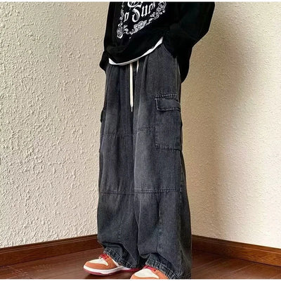 Denim Trousers For Men Adjustable Drawstring Y2k Versatile Baggy Cargo Jeans Men's Hippie Jogging Wide leg Pants Male Streetwear