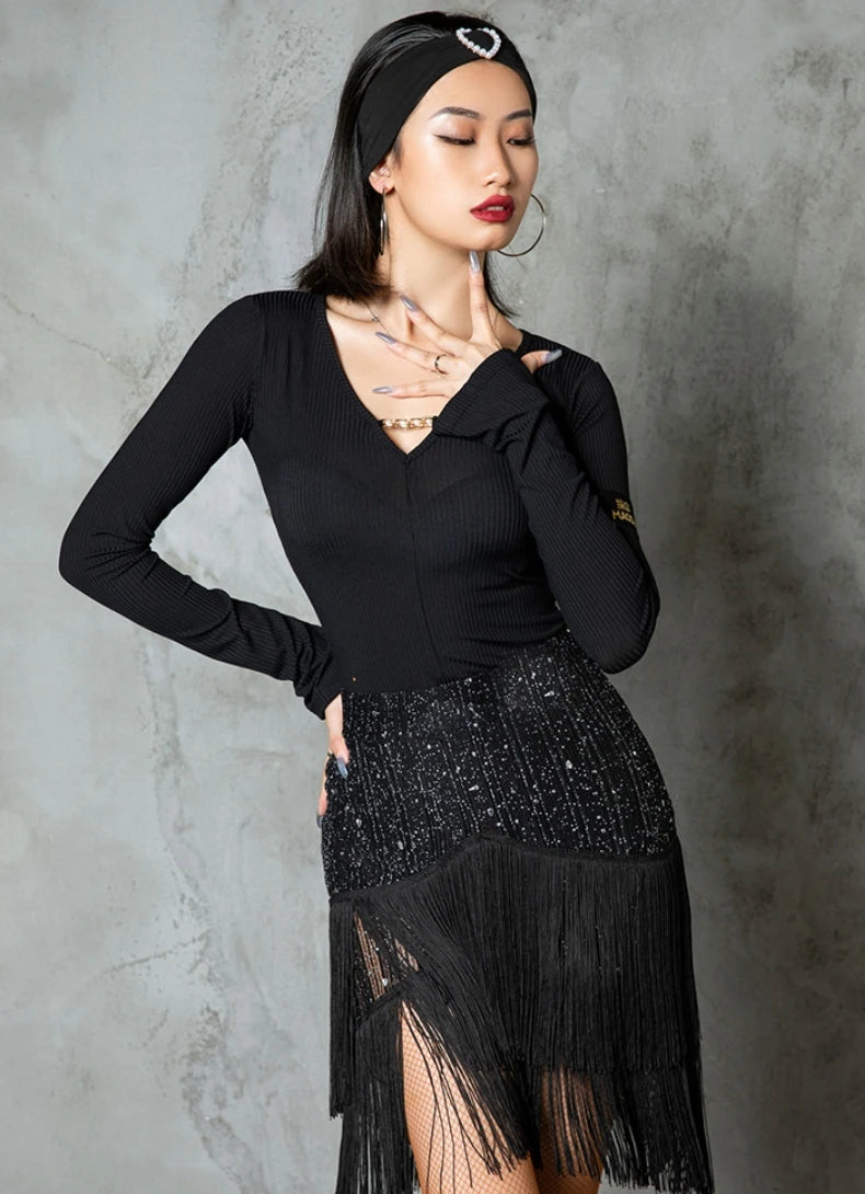 Womens Latin Dance Dress Women Adult Latin Dance Practice Dress Tap Dance Show Black Tassel Dress