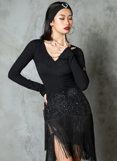 Womens Latin Dance Dress Women Adult Latin Dance Practice Dress Tap Dance Show Black Tassel Dress