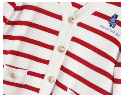 OLrain Wool Blend Striped Cardigan Women 2025 Spring Commute Embroidery V Neck Long Sleeve Chic Button Knitwear M56QZ86390