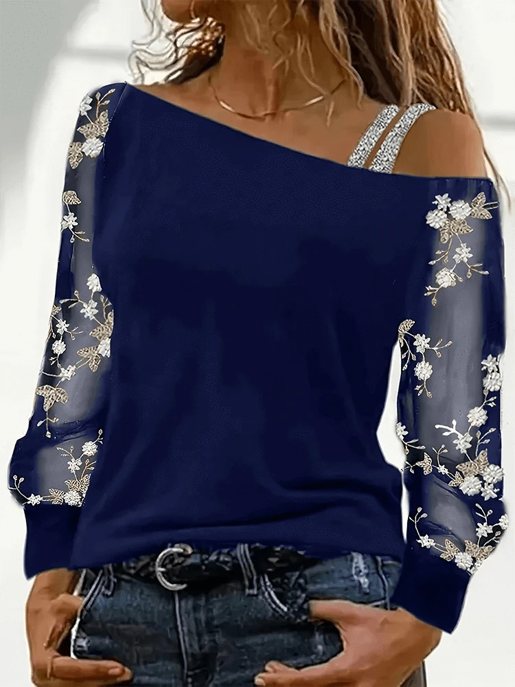 Women Casual Diagonal Collar Long Sleeve Tops