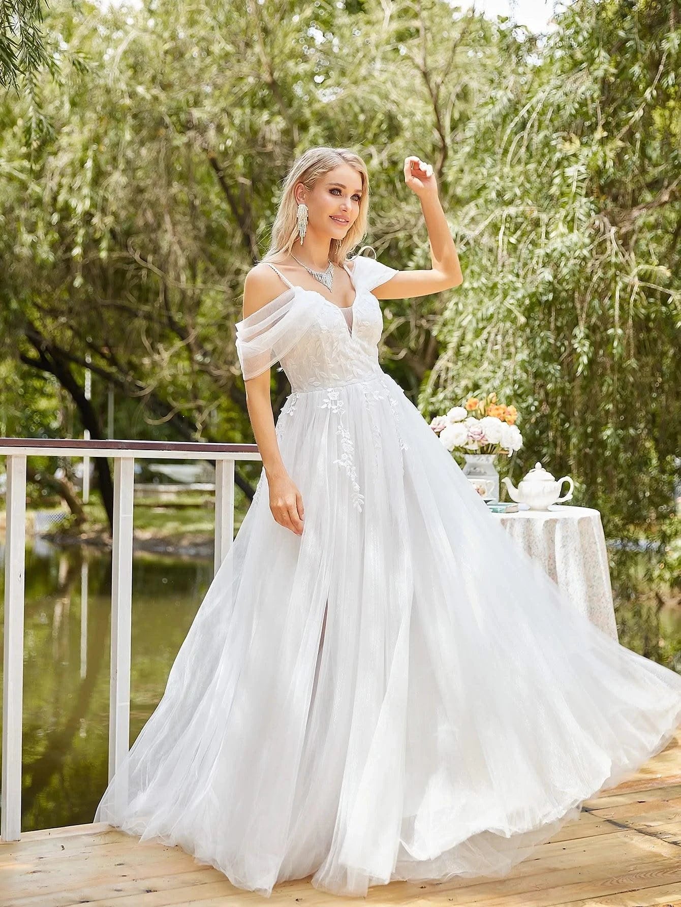 Church Wedding Dress Embroidered Floral Tulle Bridal Gown