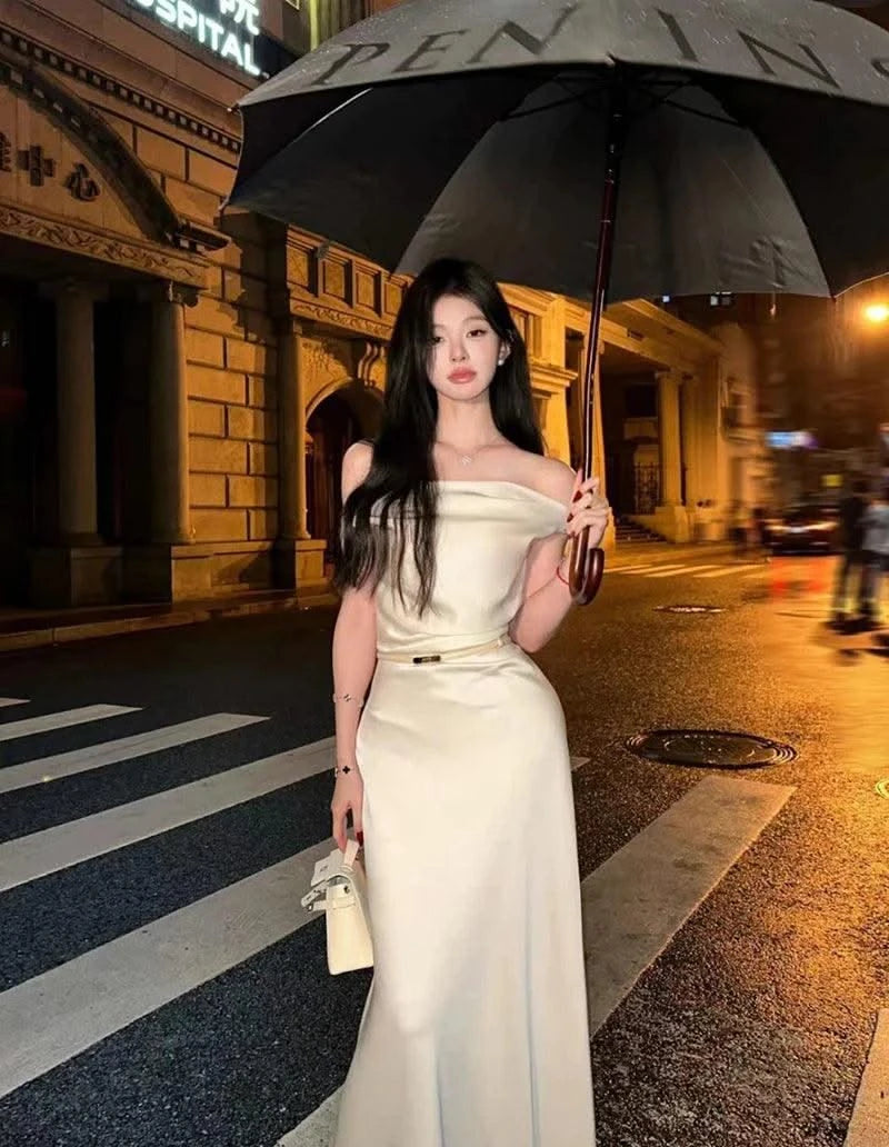 Satin Sexy Off Shoulder Dress Women Pink Skinny Elegant Soft Dress Classic Fashion Party Evening Gown Sleeveless Lady Vestidos