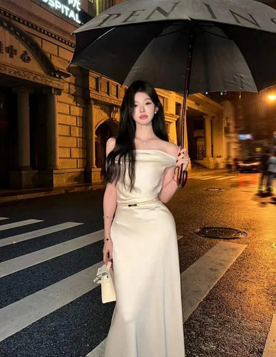 Satin Sexy Off Shoulder Dress Women Pink Skinny Elegant Soft Dress Classic Fashion Party Evening Gown Sleeveless Lady Vestidos