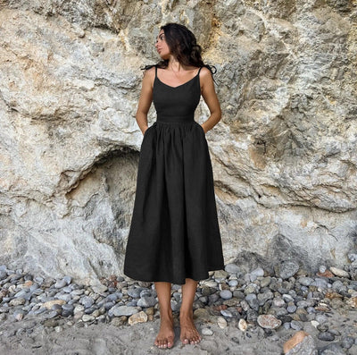 Cotton Linen Solid Color Spaghetti Strap Dresses Women Fashion Leace-up V-neck Backless Beach Vacation Long Dress Female New