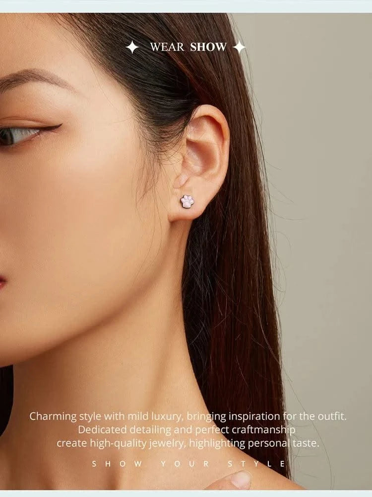 WOSTU Real 925 Sterling Silver Cat Ear Hoop Earrings For Women Lovely Pink Cute Pet Paw Studs Clips Girl Unique Jewelry Gift