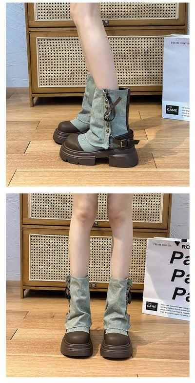 Women Boots British Fashion Pants Leg Boots  New Thick Soled Rivet Zipper Belt Buckle Platform Anti Slip Cowboy Short Boots