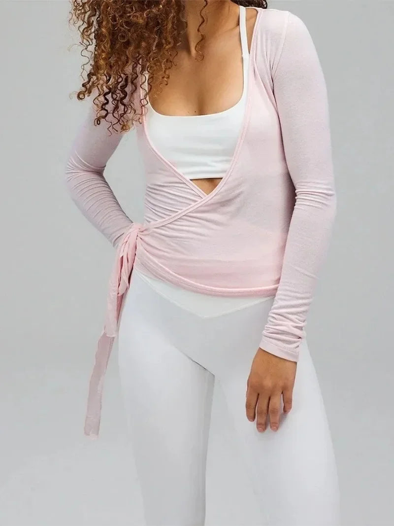 Women's Yoga Shirts Wrap Ruched Tie Front Long Sleeve Workout T Shirts Sexy Deep V Neck Slim Fit Casual Cropped Top