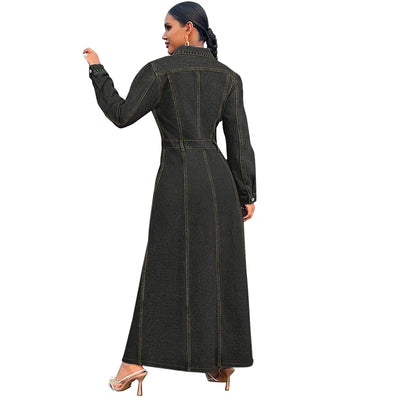 Denim Dress Women Long Dresses Spring Turn Down Collar Elegant Work Splice Vestidos Single Breasted A Line Y2k Tops Streetwear