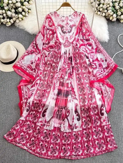 Women Clothing O Neck Flare Sleeve Large Swing Maxi Dress New Summer Bohemian Blue And White Porcelain Print Chiffon Vestidos