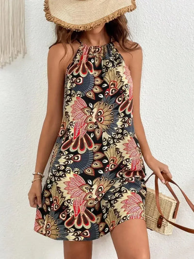 2024 Summer Women Bohemian Dresses Vintage Allover Print Halter Neck Dress Sleeveless Hanging Temperament Vacation Vestidos