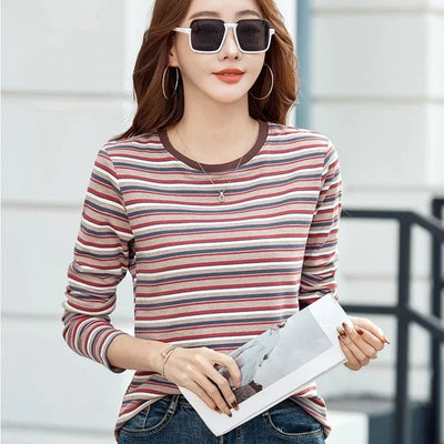 2024 New Women Clothing Crew Neck Striped Bottom Shirt Spring and Autumn Long Sleeve Tops T-Shirt Loose Interior Casual Top