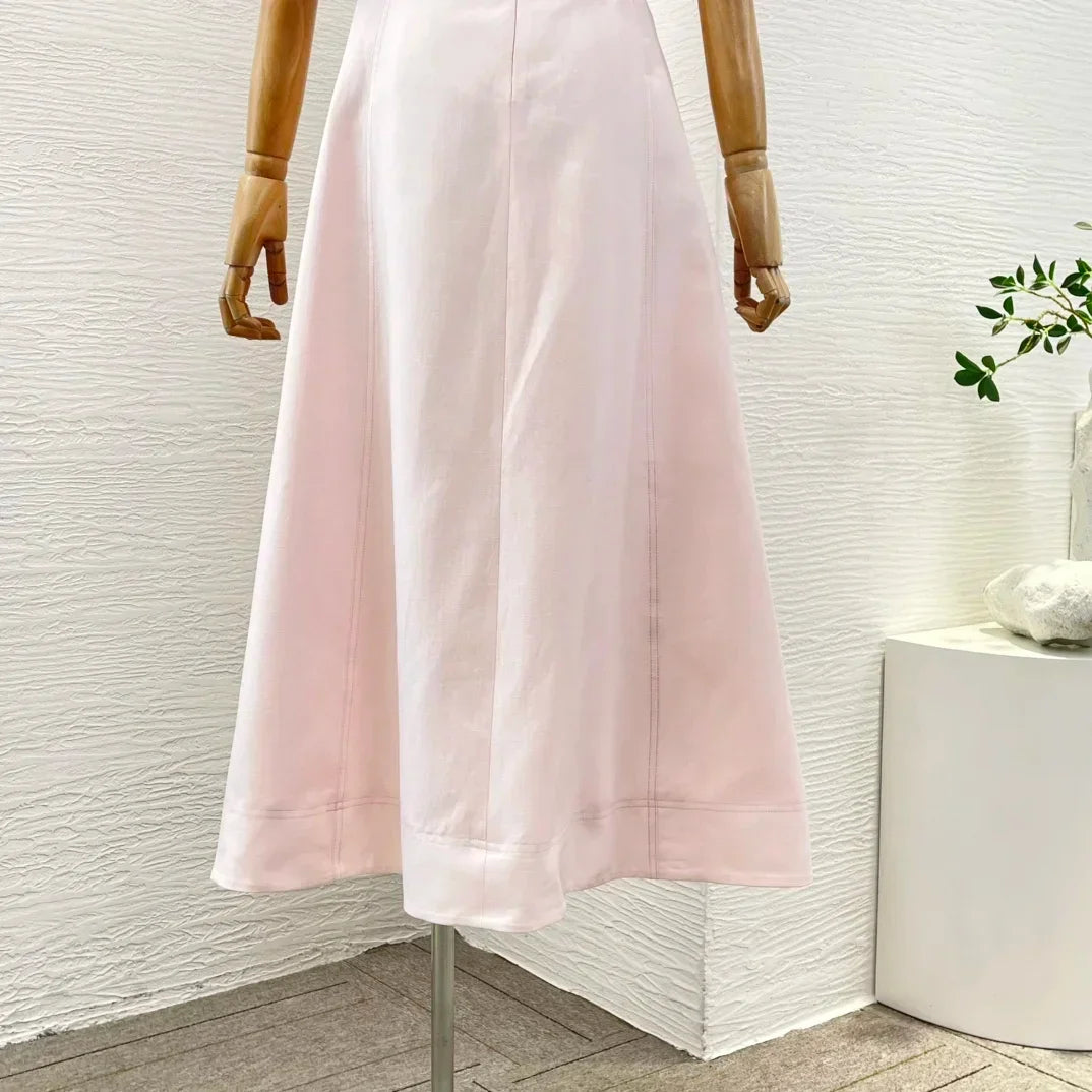 2025 New Design Spring Summer Strapless Pink Flowers High Quality Appliqued Decoration Women Midi Dress - Elanique
