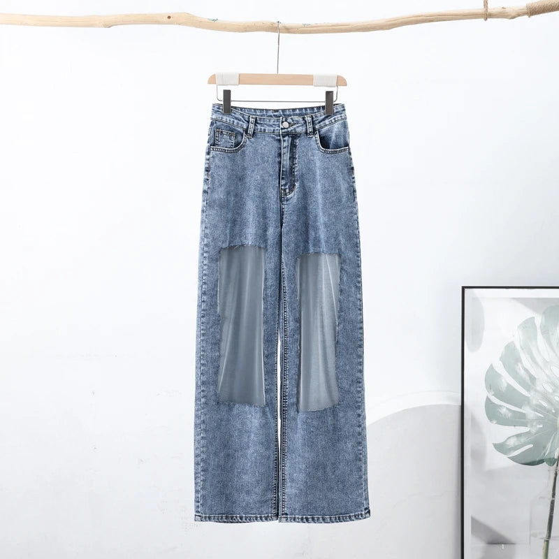 Women Fashion See Trough Jeans Y2k Pockets Pants Vintage Mesh Hollow Sheer High Waist Trousers Girls Straight Wide Leg Bottoms