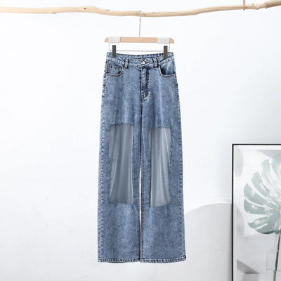 Women Fashion See Trough Jeans Y2k Pockets Pants Vintage Mesh Hollow Sheer High Waist Trousers Girls Straight Wide Leg Bottoms