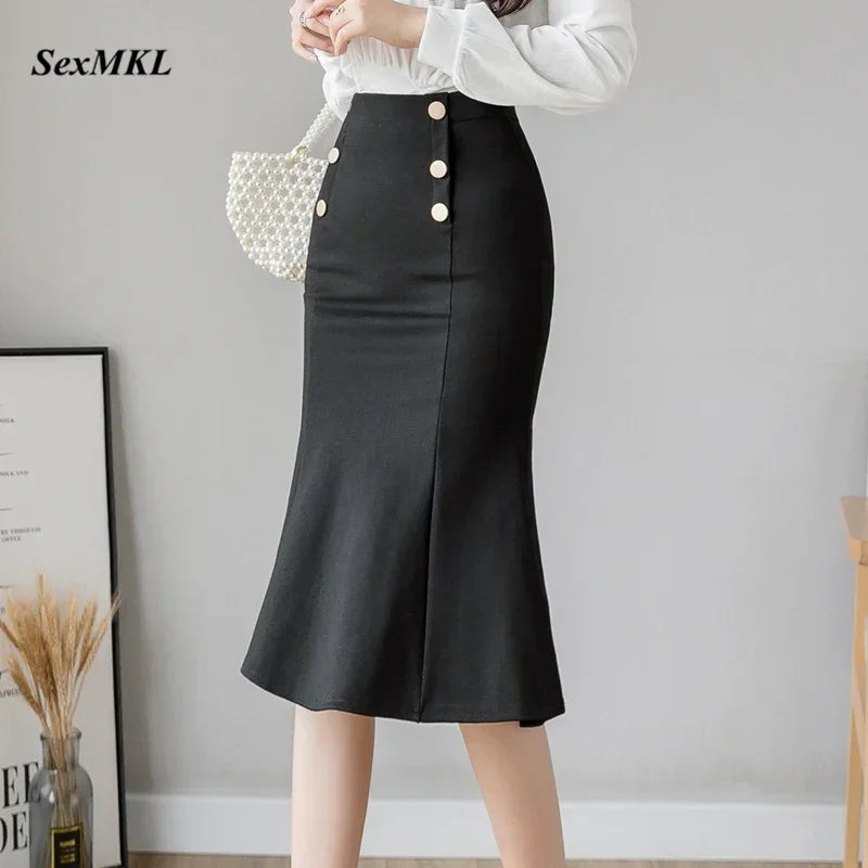 Oversized Winter Black Long Skirts 2024 Fashion Button High Waist Sexy Red Skirt Women Clothing Elegant Korean Office Midi Skirt