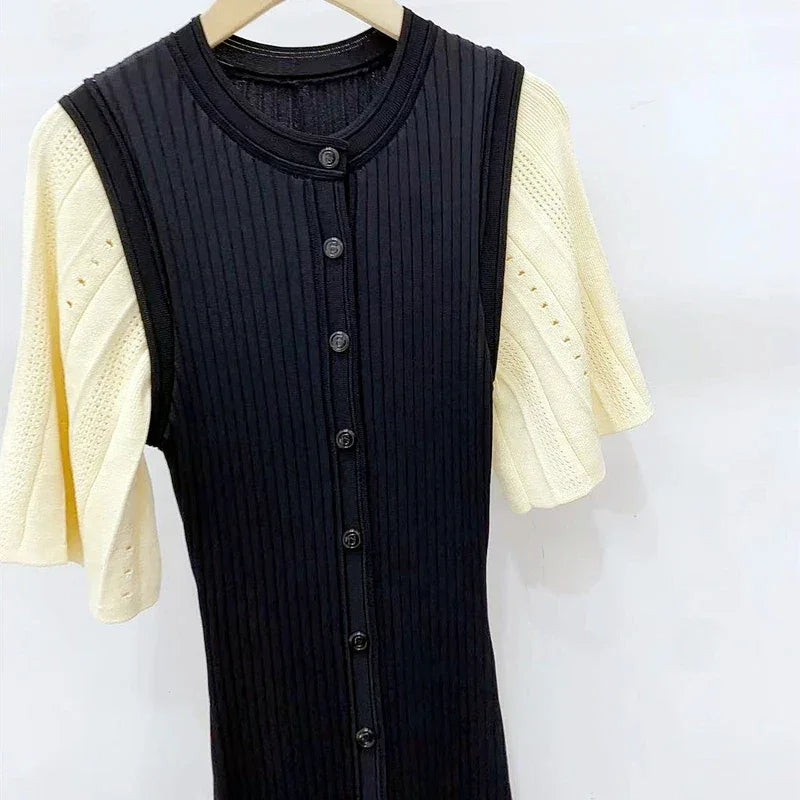 Classic Style Single Breasted Knitted Women Midi Dress O Neck Short Sleeve Hollow Out Spliced Lady Fishtail Dress