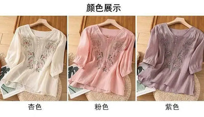 Cotton and Linen V-neck Embroidered Shirt for Women, Summer Thin Style Loose Medium Sleeves Small Shirt Top