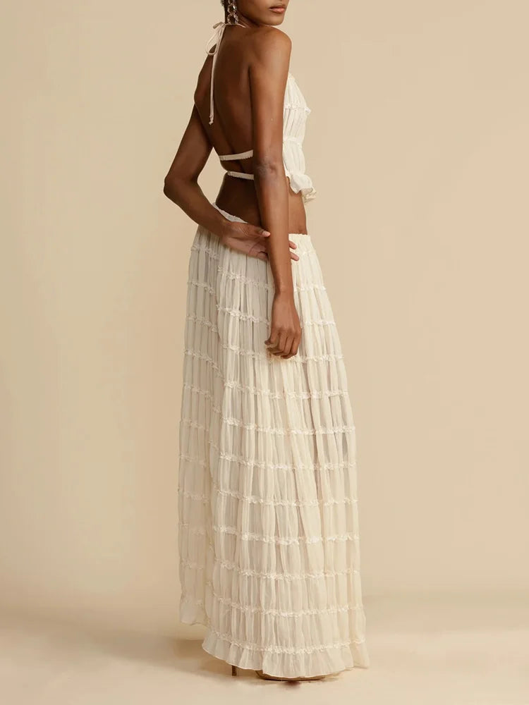2025 Women Summer Loungewear Suits, Halter Short Top Maxi Skirts 2PCS Matching Sets, White Color Fashion Backless Ladies Outfit