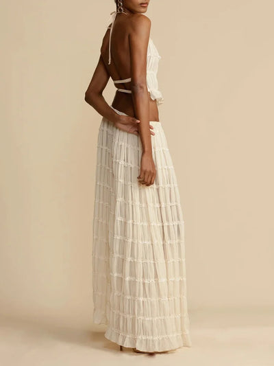 2025 Women Summer Loungewear Suits, Halter Short Top Maxi Skirts 2PCS Matching Sets, White Color Fashion Backless Ladies Outfit