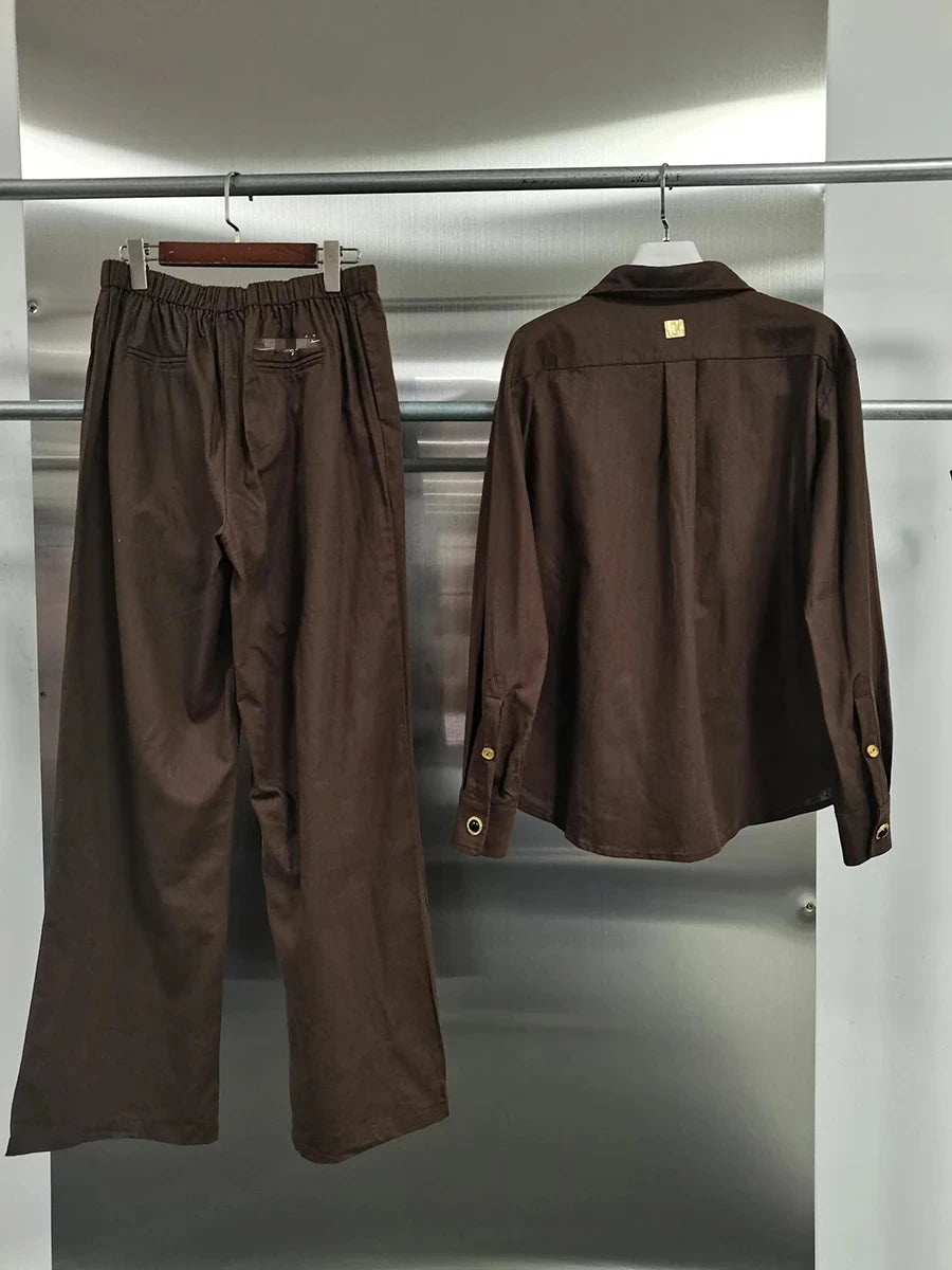 VGH Chic Spliced Metal Buckles Two Piece Set for Women Lapel Long Sleeve Top High Waist Patchwork Drawstring Pants Suit Female