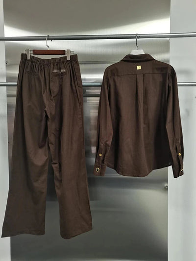 VGH Chic Spliced Metal Buckles Two Piece Set for Women Lapel Long Sleeve Top High Waist Patchwork Drawstring Pants Suit Female