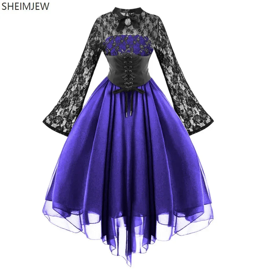 Renaissance Court Gown Victorian Medieval Costume Women Halloween Cosplay Full Sleeve Lace Dress Birthday Party Princess Suit