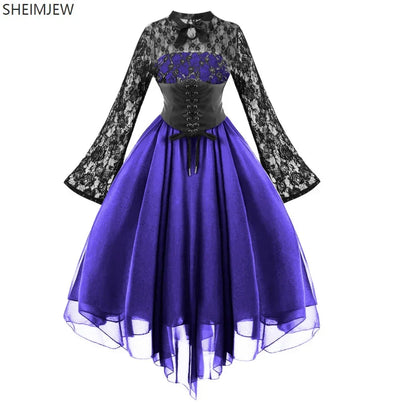 Renaissance Court Gown Victorian Medieval Costume Women Halloween Cosplay Full Sleeve Lace Dress Birthday Party Princess Suit