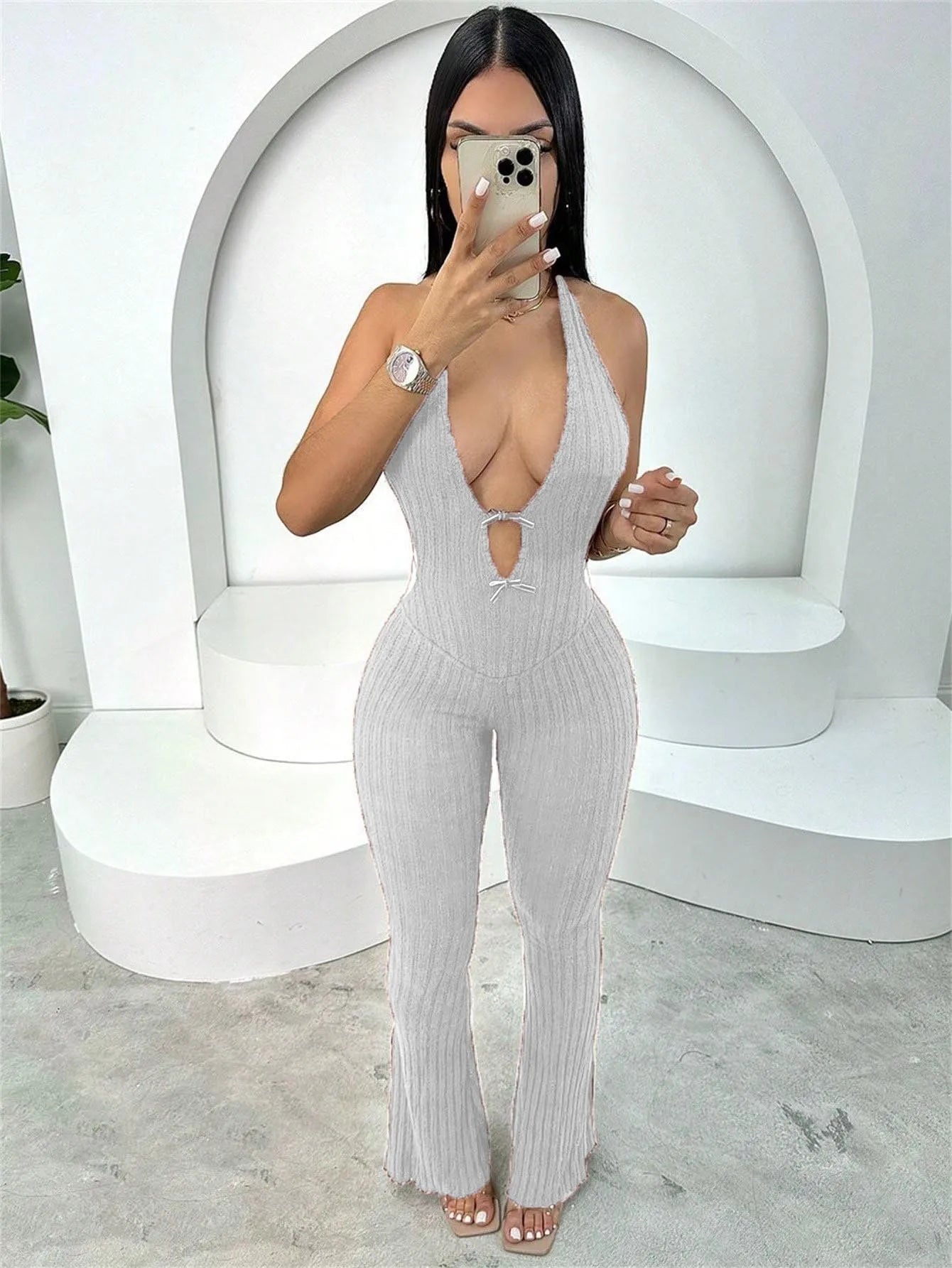 Joskaa Knitted Halter Backless Jumpsuit Women Sexy Deep V-Neck Bow Sleeveless Skinny Overalls 2025 Fitness Sportswear Clubwear