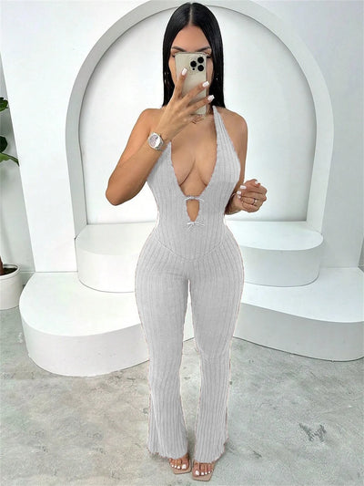 Joskaa Knitted Halter Backless Jumpsuit Women Sexy Deep V-Neck Bow Sleeveless Skinny Overalls 2025 Fitness Sportswear Clubwear