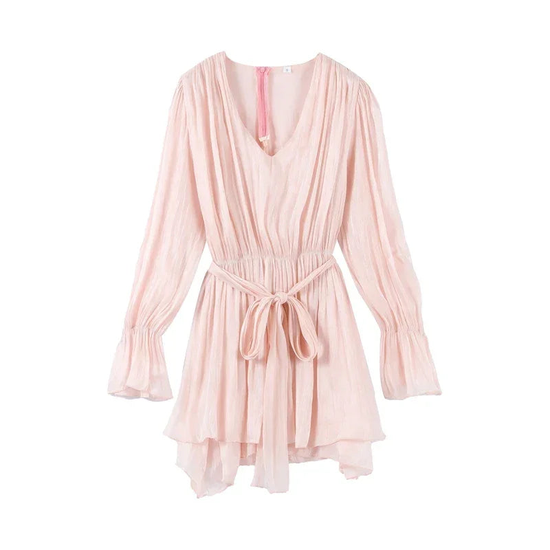 Ruffles Mini Dress Women Lace Up  V Neck Long Sleeve Pleated Female Dresses 2025 Elegant Summer Autumn Street Loose Ladies Robes